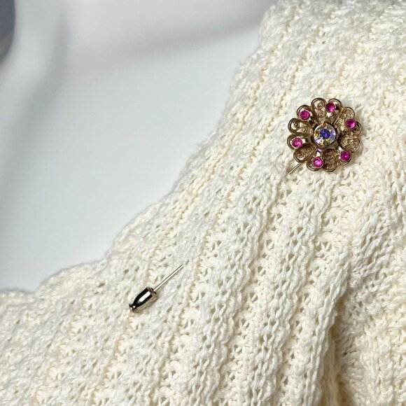 Vintage 60s Gold Tone AB Pink Rhinestone 3D Flower Stick Pin Retro Brooch 3.5” - Picture 3 of 10